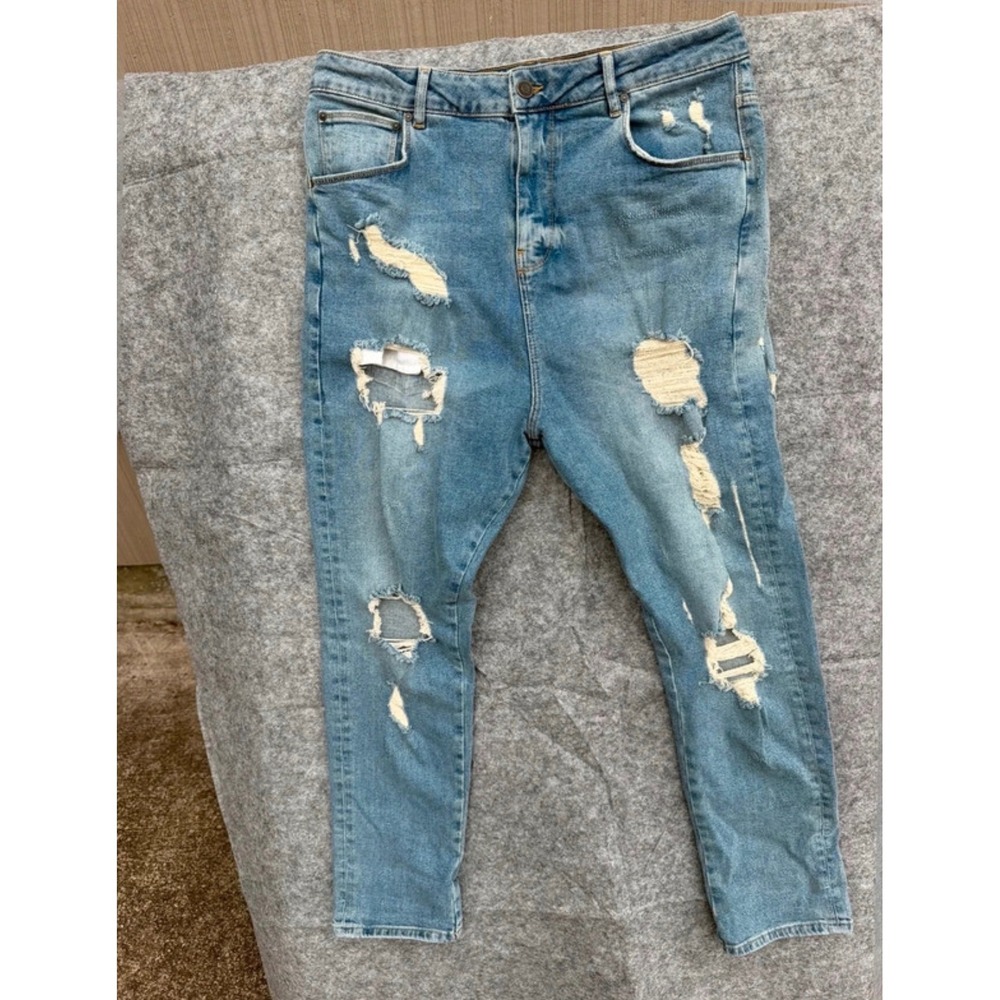 ASOS DESIGN Mens Light Wash Distressed Ripped Skinny Jeans Blue W32 L30